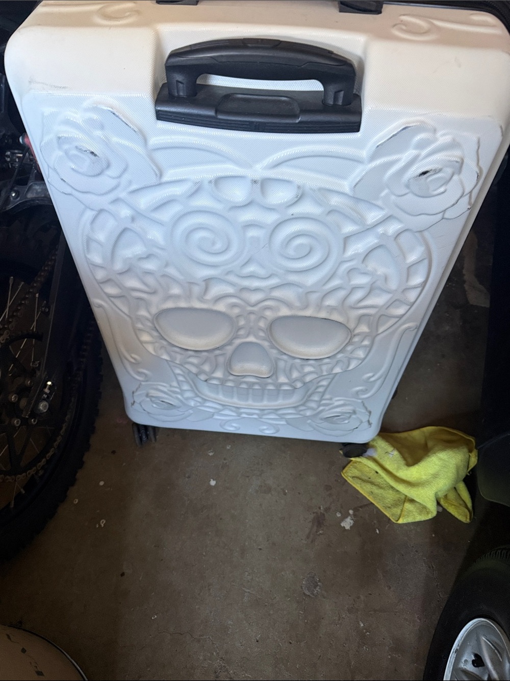 White Sculpted Sugar Skull Rolling Suitcase - Decorative Travel Case